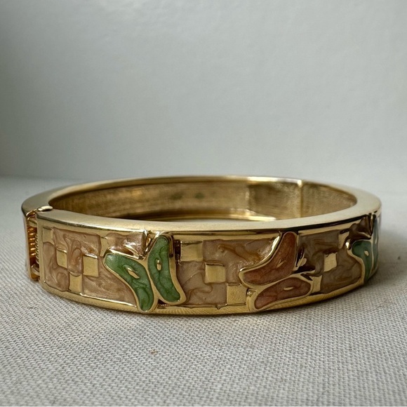 Butterfly Enamel Cloisonné Abstract Gold-Tone Hinge Bangle Cuff Bracelet - Picture 1 of 7